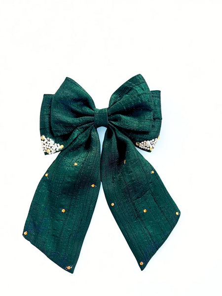Christmas Pearl and Stone Embellished Sailor Bow Alligator Clip- Green