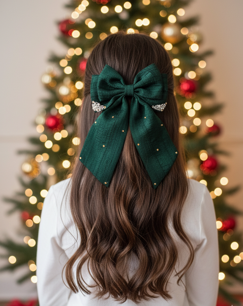 Christmas Pearl and Stone Embellished Sailor Bow Alligator Clip- Green