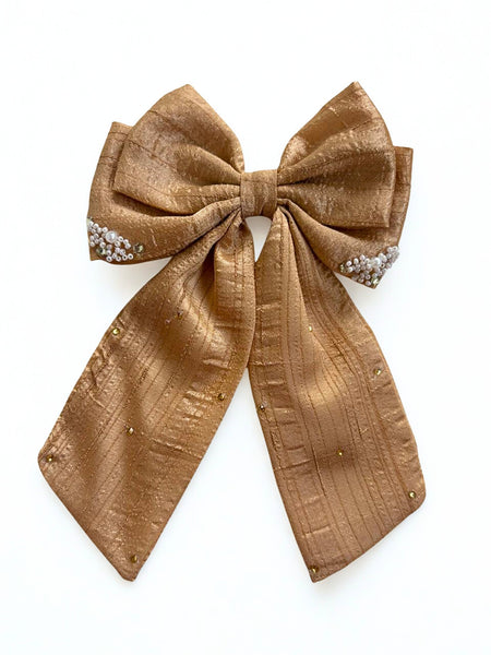 Christmas Pearl and Stone Embellished Sailor Bow Alligator Clip- Golden