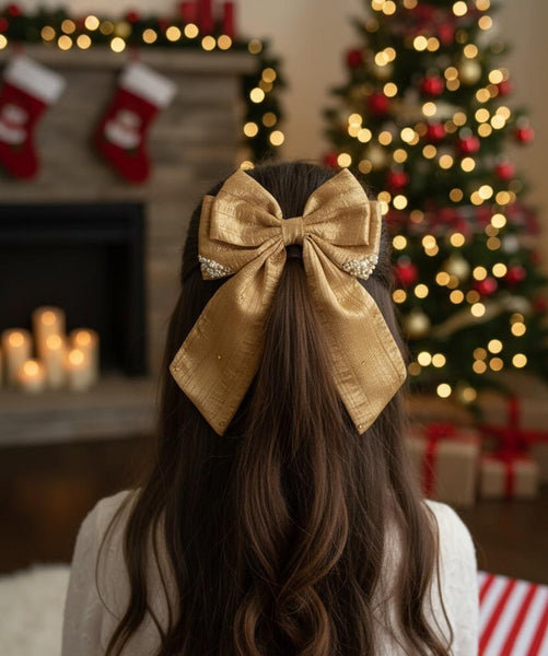 Christmas Pearl and Stone Embellished Sailor Bow Alligator Clip- Golden