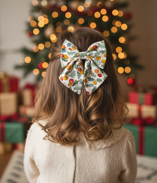 Christmas Holly Berry Bow Alligator Clip- White