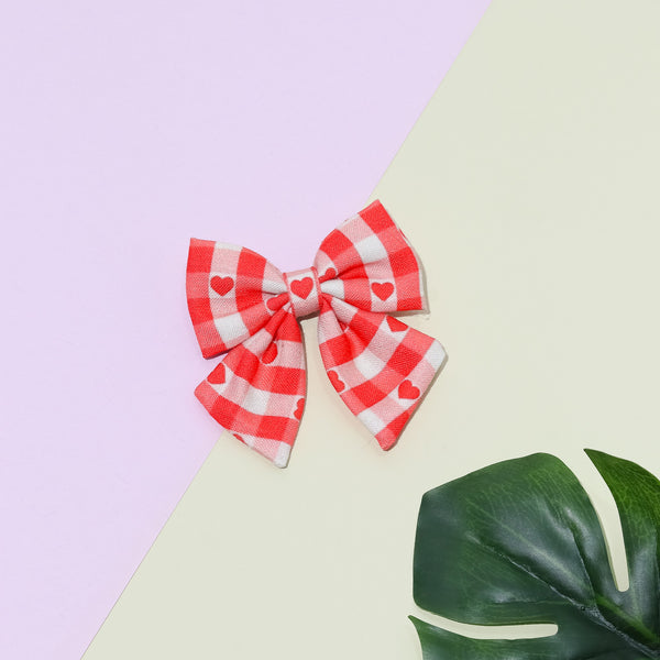 Heart Printed Checkered Alligator Hair Clips- Pink & White