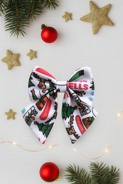 Christmas Reindeer Print Bow Alligator Clip- White