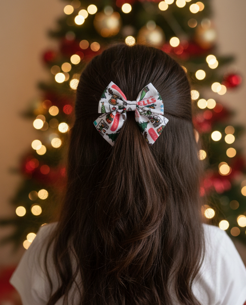 Christmas Reindeer Print Bow Alligator Clip- White