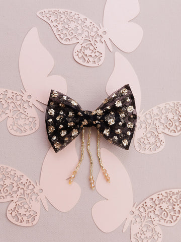 Sequins Embellished Alligator Bow Hair Clip with tassel- Black