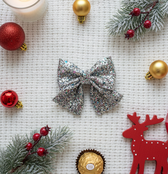 Christmas Party Sparkle Bow Alligator Clip- Silver