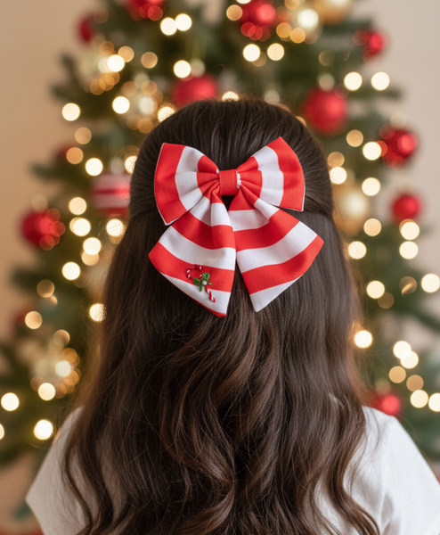 Christmas Candy Cane Embroidered Bow Alligator Clip- Multicolor