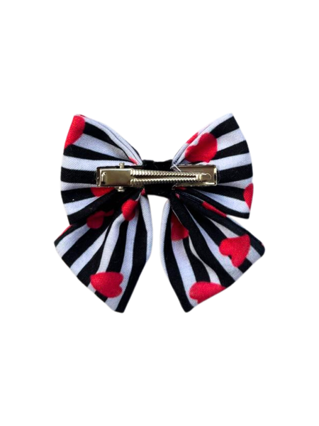 Stripe and Hearts Bow Alligator Clip- Red