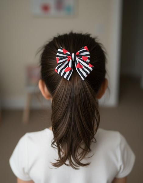 Stripe and Hearts Bow Alligator Clip- Red