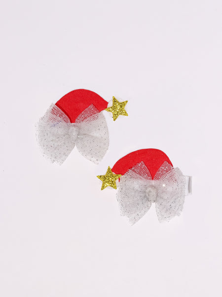 Christmas Santa Hat Embellished Alligator Hair Clip Set- Silver & Red