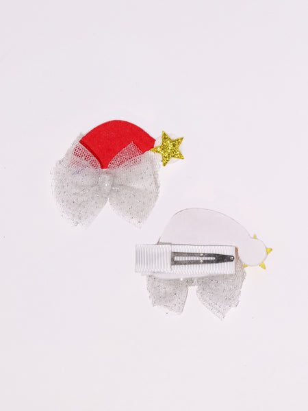 Christmas Santa Hat Embellished Alligator Hair Clip Set- Silver & Red