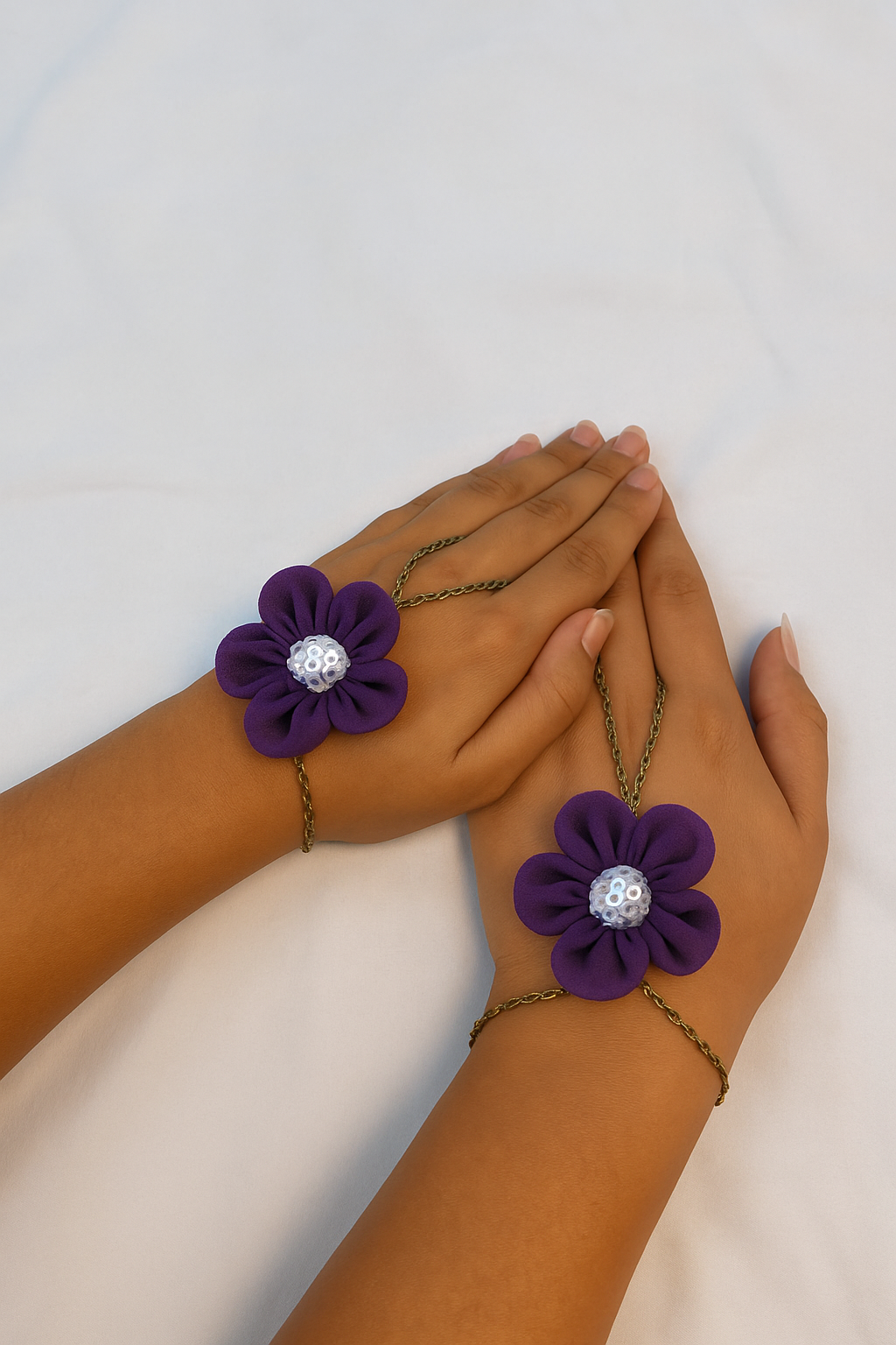 Mother & Daughter Duo Chain Bracelet with vibrant flower and Sequence Center - Purple