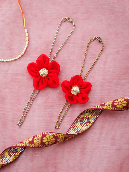 Mother & Daughter Duo Chain Bracelet with vibrant flower and Sequence Center - Red: