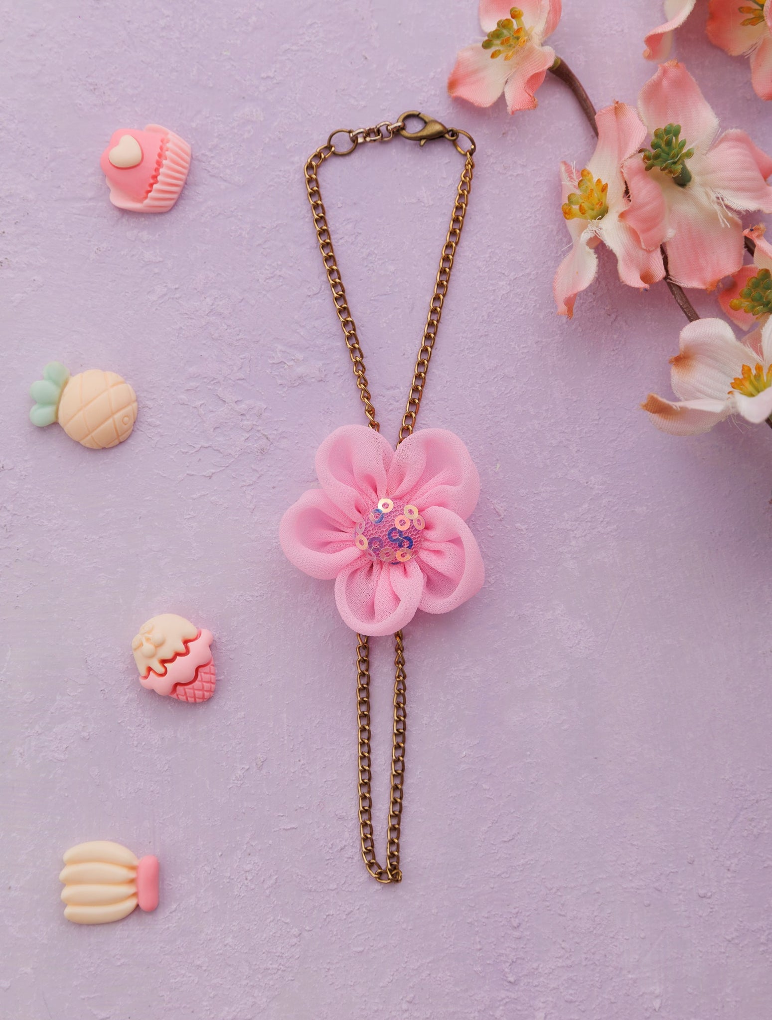 Chain Bracelet with vibrant flower and Sequence Center- Pink