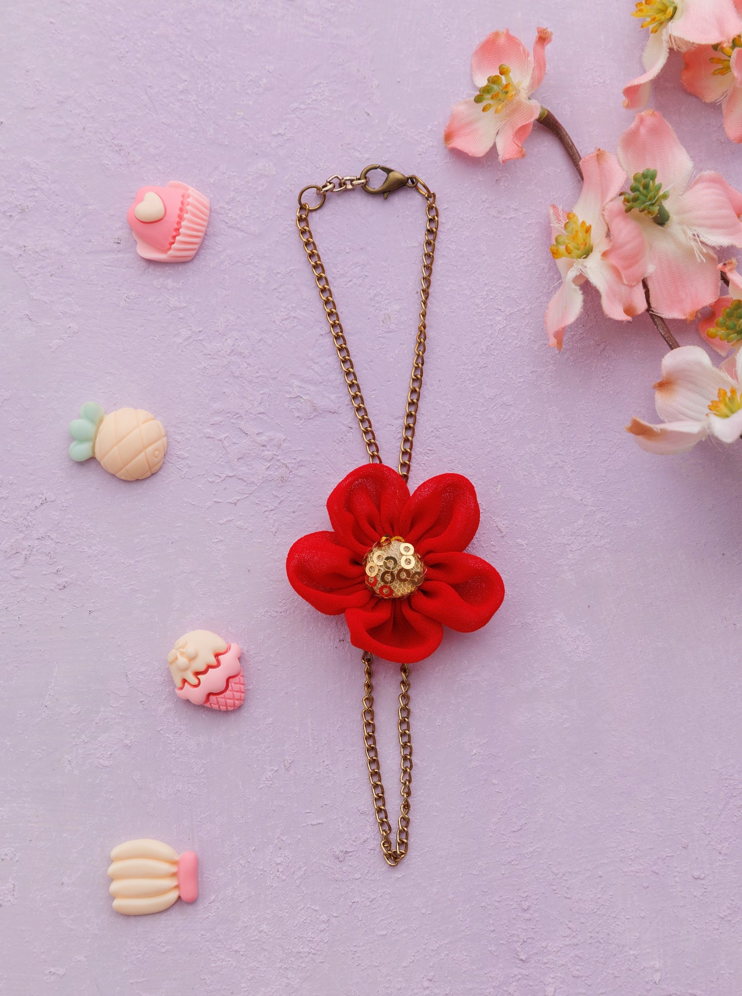 Chain Bracelet with vibrant flower and Sequence Center- Red
