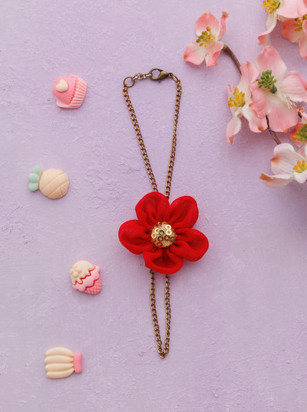 Chain Bracelet with vibrant flower and Sequence Center- Red