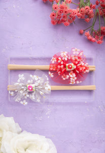 Floral Tulle Headband Set- Gray & Red