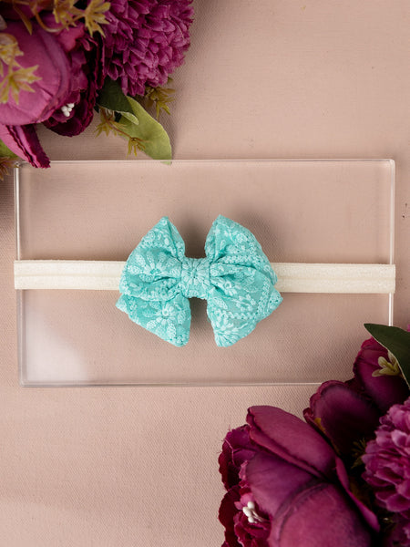 Floral Embroidered Tulle Sailor Bow Headband - Turquoise