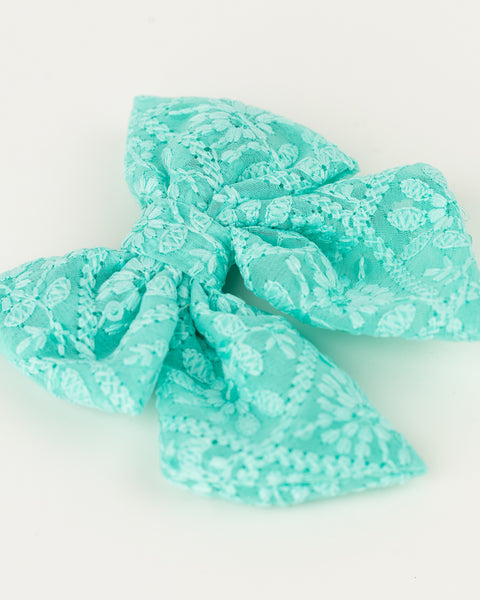Floral Embroidered Tulle Sailor Bow Headband - Turquoise