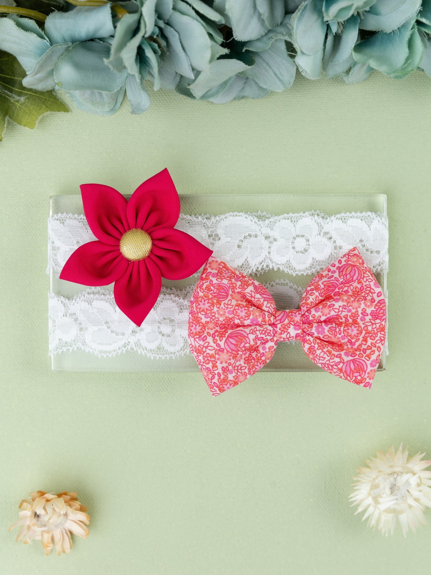 Floral Bow & Flower Headband Set- Pink