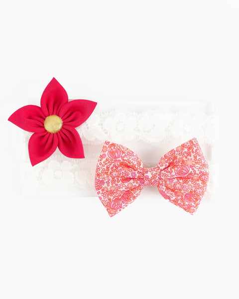 Floral Bow & Flower Headband Set- Pink
