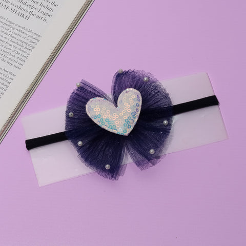 Sequined Heart Tulle Bow Headband- Dark Blue