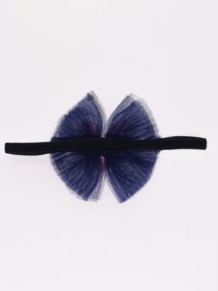 Sequined Heart Tulle Bow Headband- Dark Blue