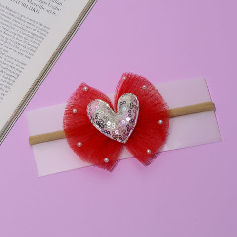 Sequined Heart Tulle Bow Headband- Red