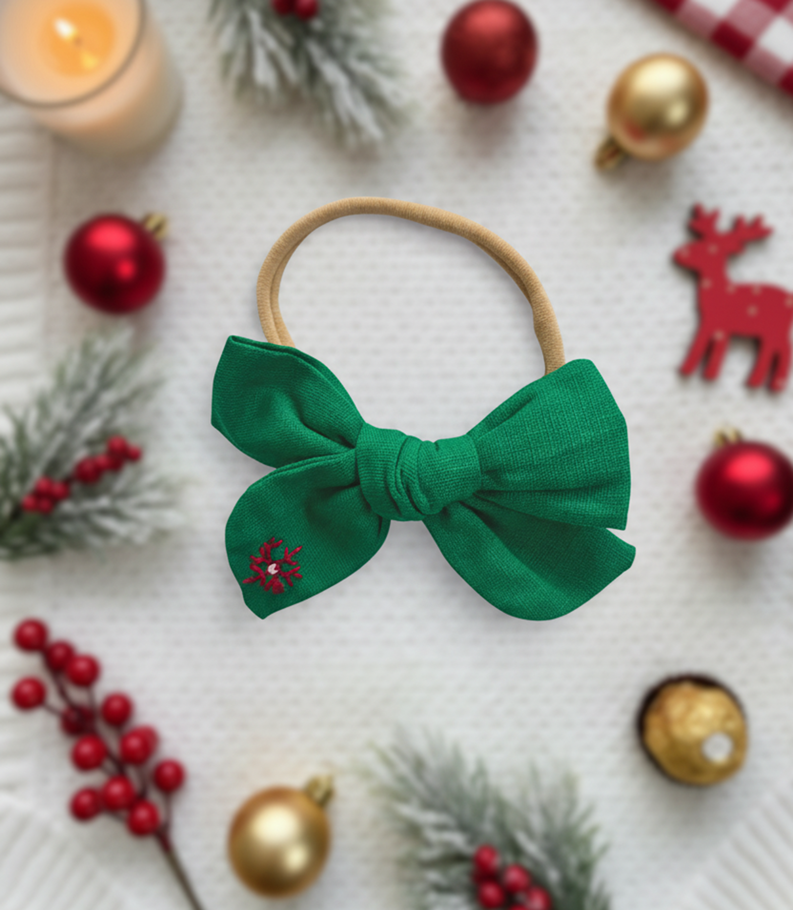 Christmas Snowflake Emroidered Bow Headband- Green