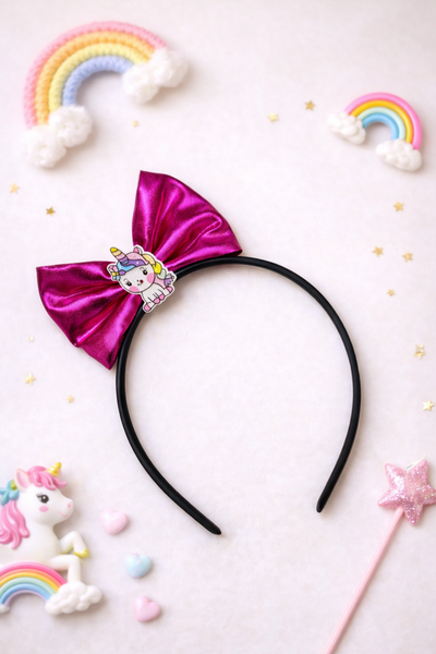 Girls Leather Unicorn Standing Bow Hairband – Dark Pink