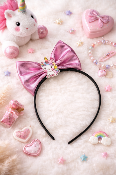 Girls Leather Unicorn Standing Bow Hairband – Pink