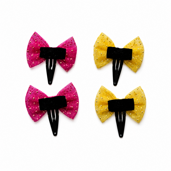 Set Of 4 Sparkle Bow Hair Clip- Yellow Pink