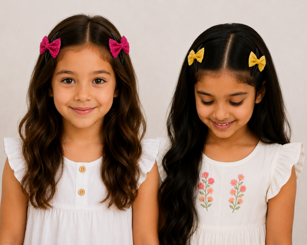 Set Of 4 Sparkle Bow Hair Clip- Yellow Pink