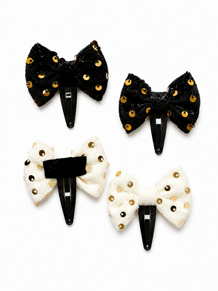 Set Of 4 Velvet Sequin Bow Hair Clip- Black White