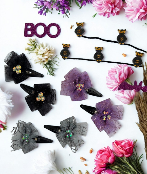 Set of 3  Flower HairClip- Grey, purple, Black