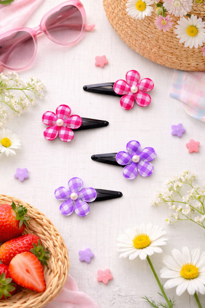 Set of 4 Flower and Checks Hair Clips – Dark Pink & Purple