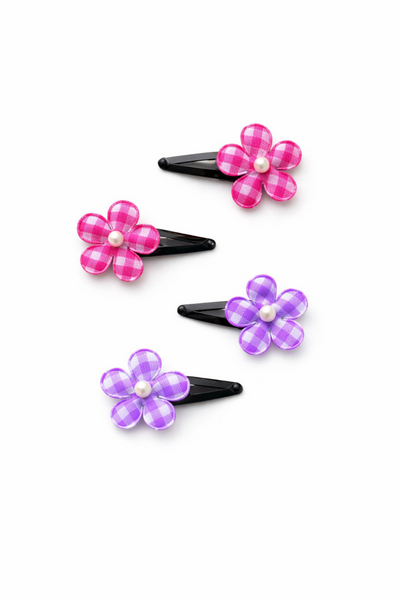 Set of 4 Flower and Checks Hair Clips – Dark Pink & Purple