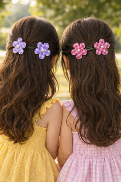 Set of 4 Flower and Checks Hair Clips – Dark Pink & Purple