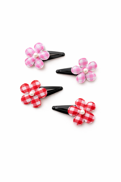 Set Of 4 Flower and Checks Clip- Pink and Red