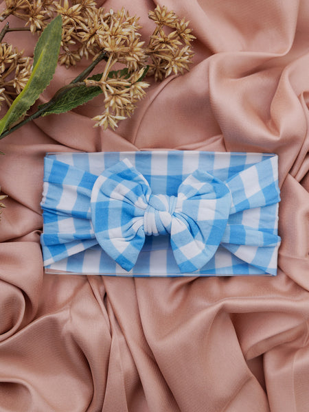 Knotty Ribbons Checkered Knot Top Headwrap - Light Blue & White