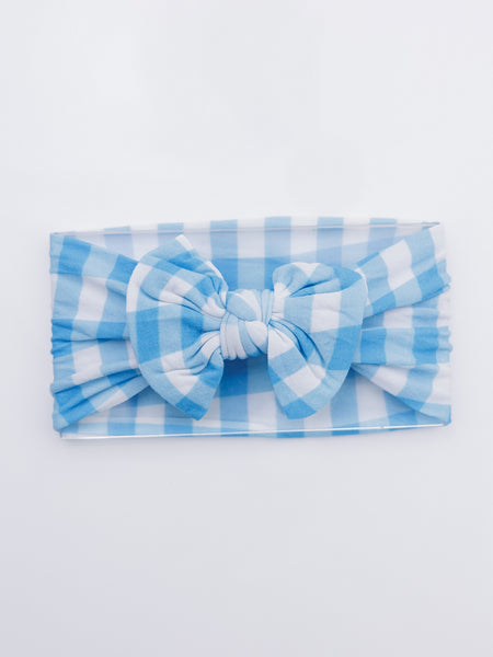 Knotty Ribbons Checkered Knot Top Headwrap - Light Blue & White
