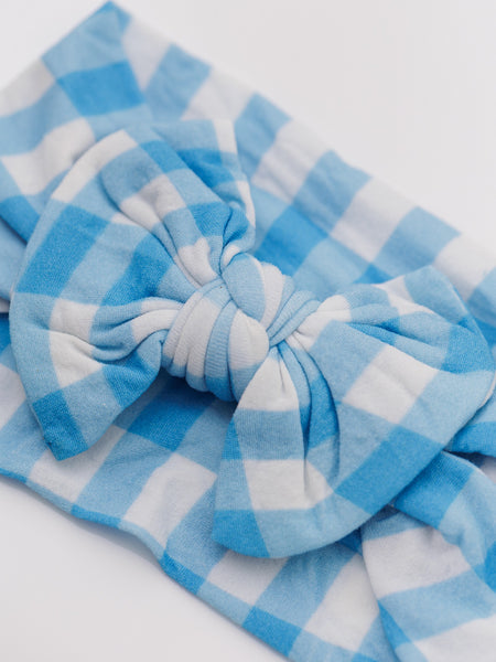 Knotty Ribbons Checkered Knot Top Headwrap - Light Blue & White