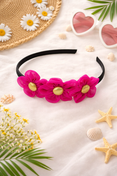 Girls Three Flower Golden Center Hairband- Pink