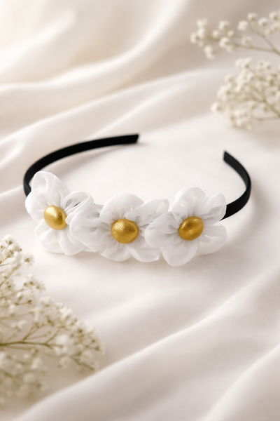 Girls Three Flower Golden Center Hairband- White