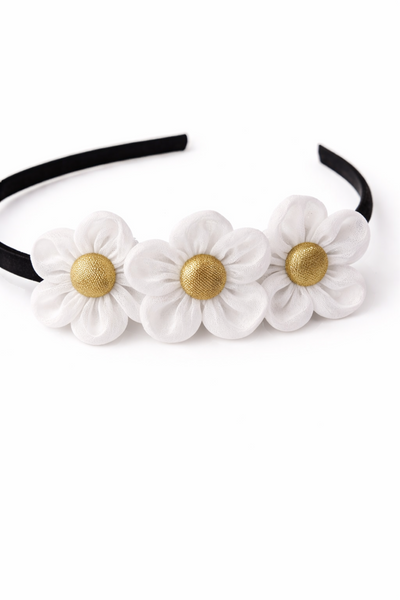 Girls Three Flower Golden Center Hairband- White