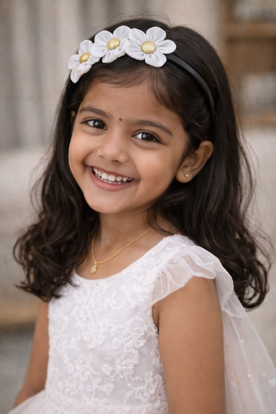 Girls Three Flower Golden Center Hairband- White