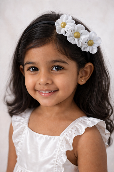 Girls Three Flower Golden Center Hairband- White