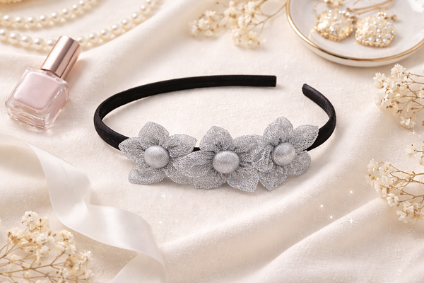 Girls Three Flower Silver Center Hairband- Silver