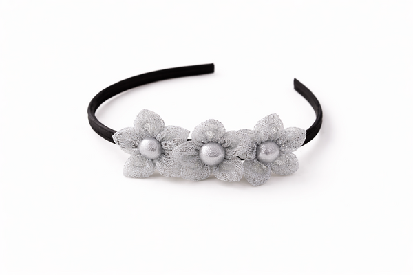 Girls Three Flower Silver Center Hairband- Silver
