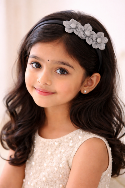Girls Three Flower Silver Center Hairband- Silver